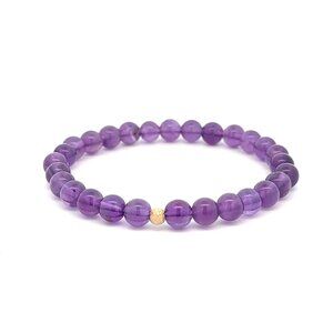 Natural Gemstones Amethyst 6mm Stretchable Bracelet 14k Gold Bead Charm Stardust